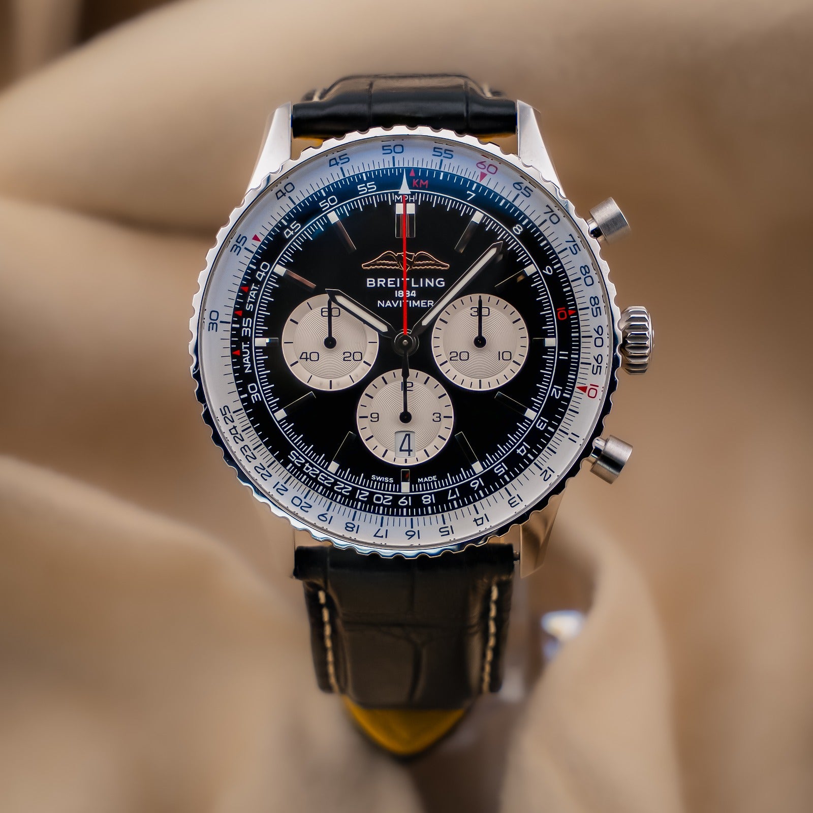 Breitling Navitimer B01 Chronograph 46 Steel Black Dial Leather Strap Watch - AB0137211B1P1