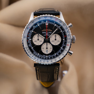 Breitling Navitimer B01 Chronograph 46 Steel Black Dial Leather Strap Watch - AB0137211B1P1