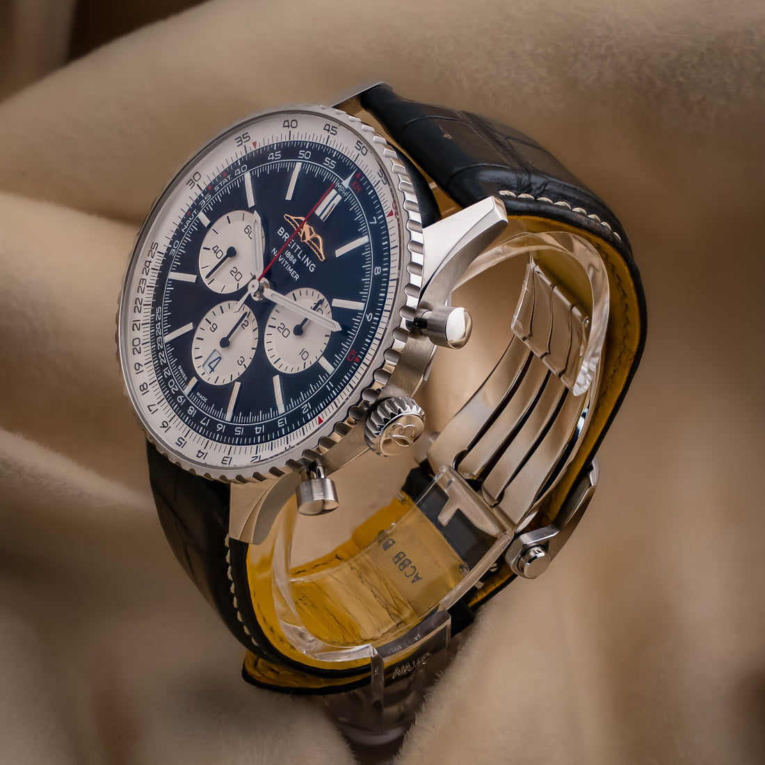 Breitling Navitimer B01 Chronograph 46 Steel Black Dial Leather Strap Watch - AB0137211B1P1