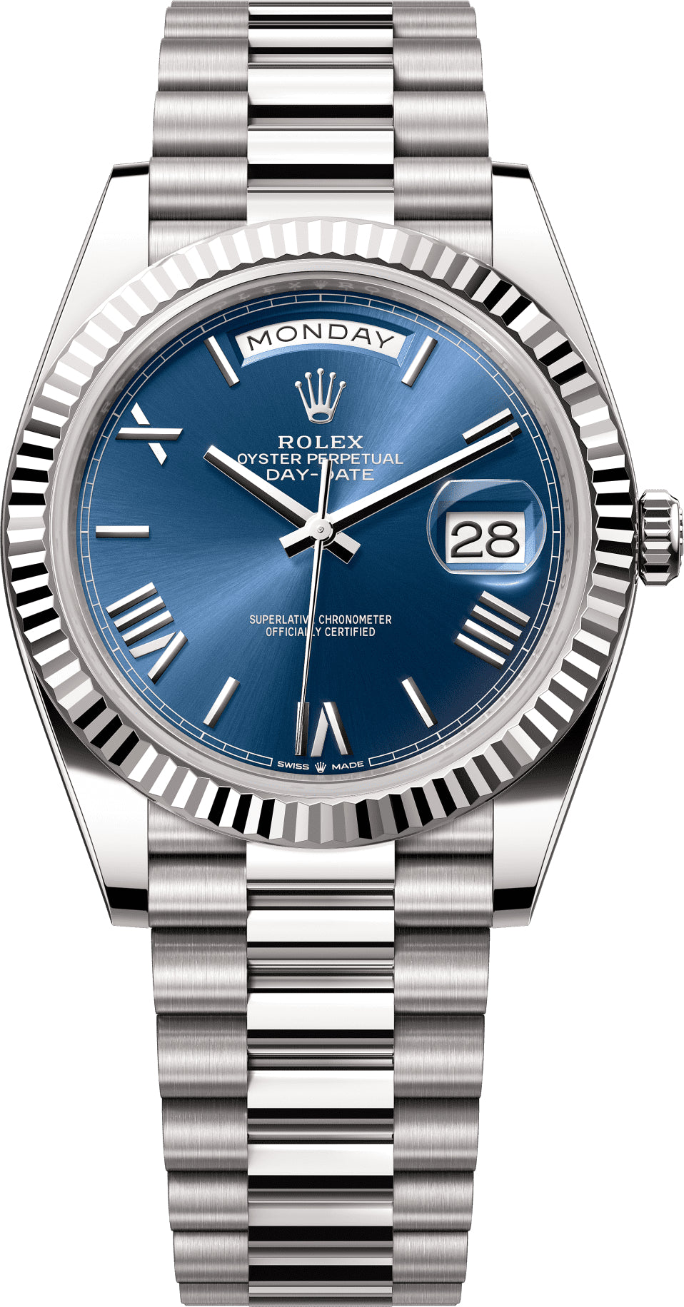 Rolex Day-Date 40 40mm bright blue dial Fluted Bezel President Bracelet - 228239 | 2024 Model